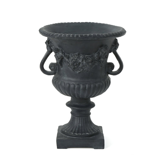 Buena Vista Urn planter in black with floral relief and rope-edged rim by HouseOfZazla on Tampa Home & Garden Store