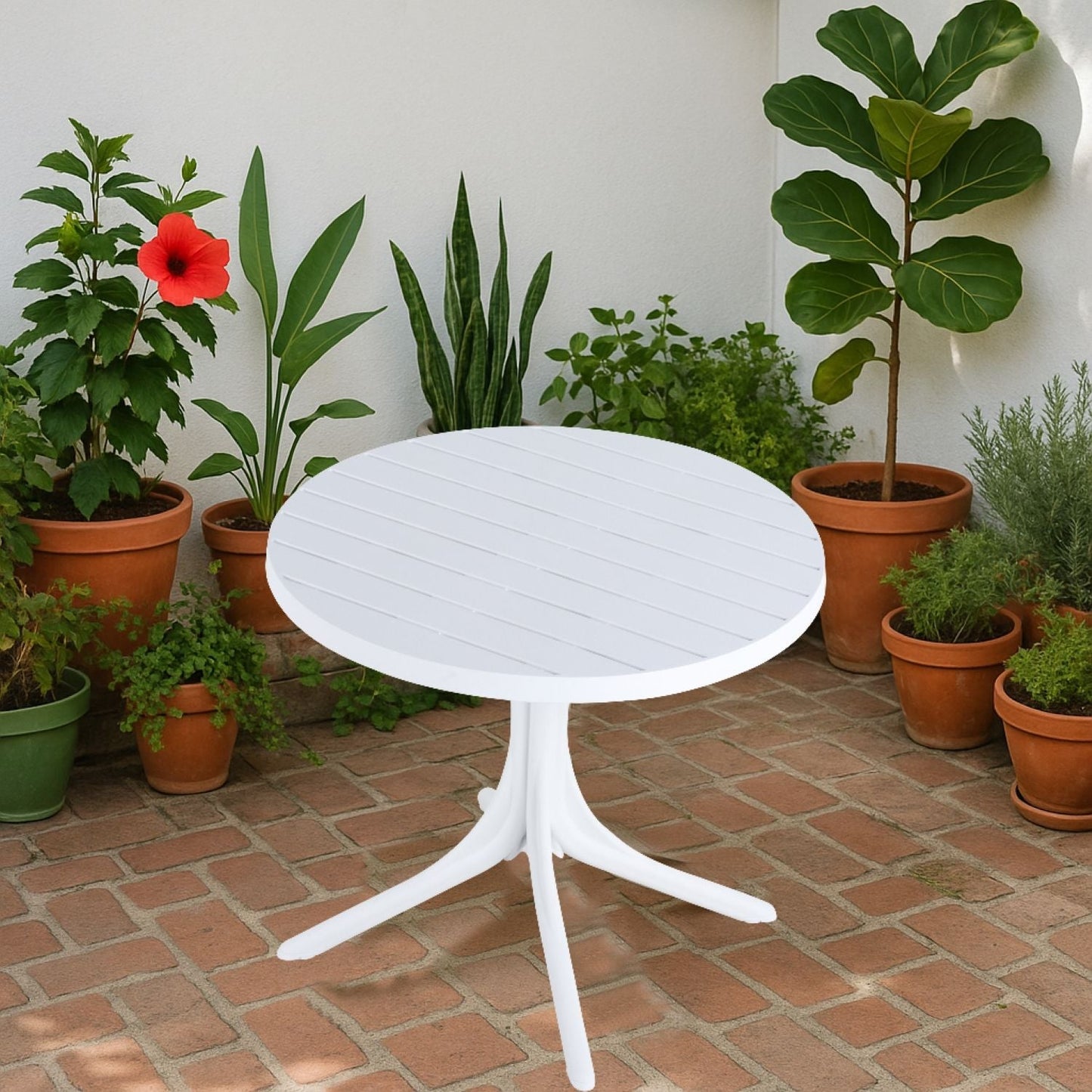 Modern round outdoor dining table white with pedestal base, HouseOfZazla, waterproof UV resistant on Tampa Home & Garden Store