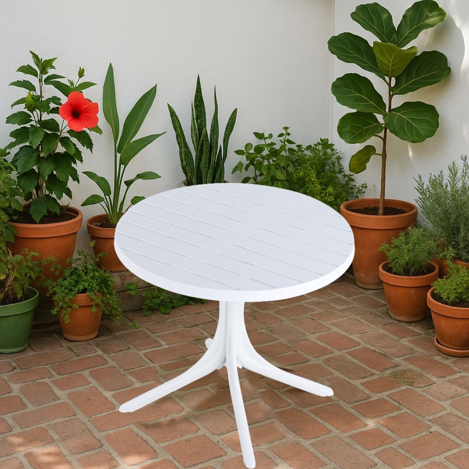 Modern round outdoor dining table white with pedestal base, HouseOfZazla, waterproof UV resistant on Tampa Home & Garden Store