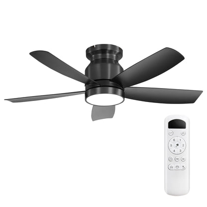 Flush mount ceiling fan by HouseOfZazla with LED light and remote control in black finish on Tampa Home & Garden Store