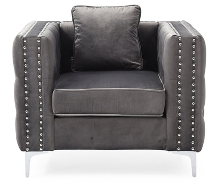 Tufted Arm Chair Paige HouseOfZazla in gray velvet with diamond buttons and studded arms on Tampa Home & Garden Store