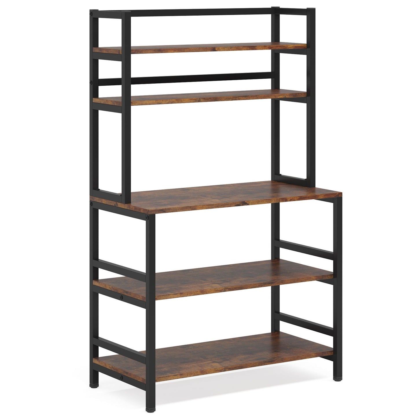 5-tier bakers rack with hutch, black metal frame and rustic wood shelves on Tampa Home & Garden Store