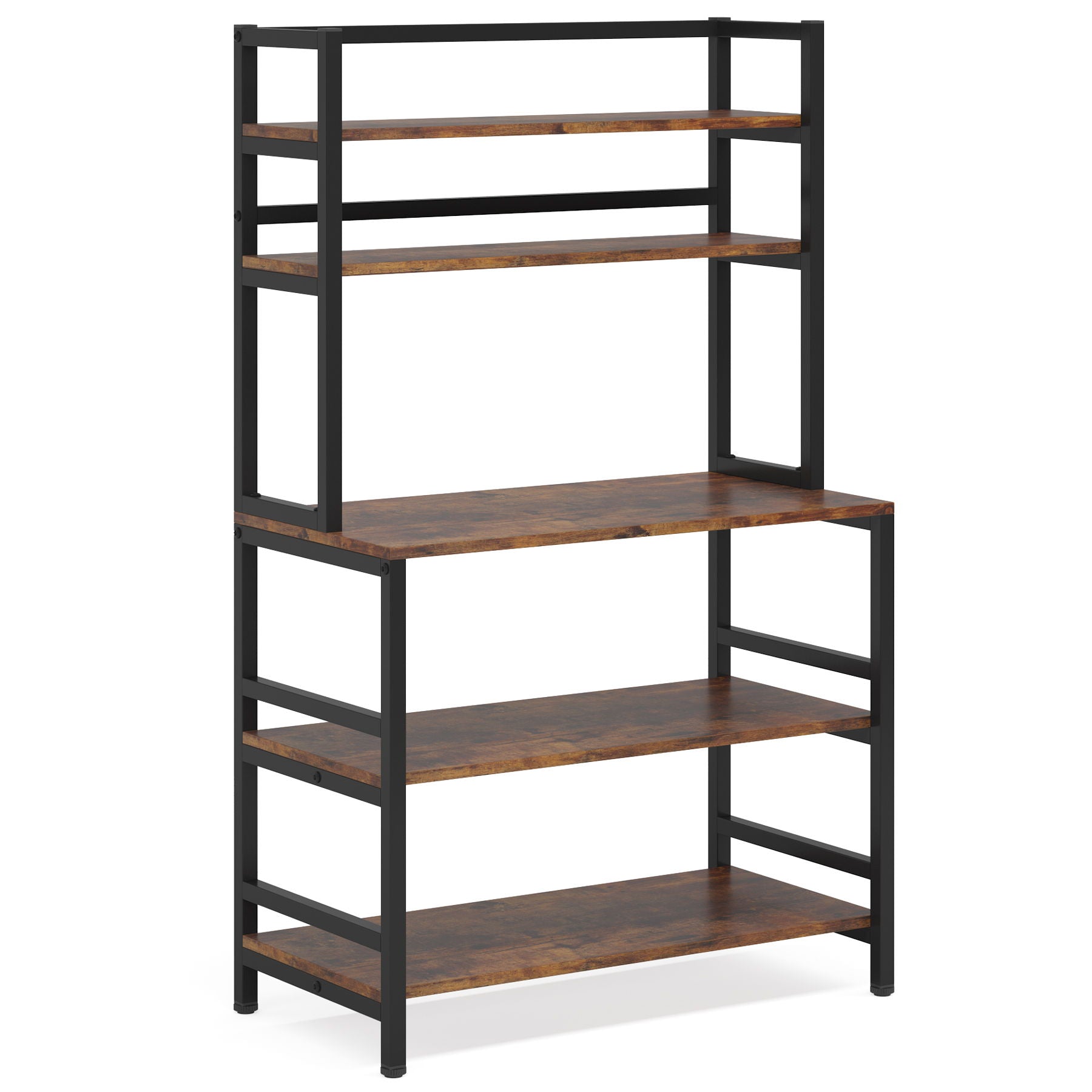 5-tier bakers rack with hutch, black metal frame and rustic wood shelves on Tampa Home & Garden Store
