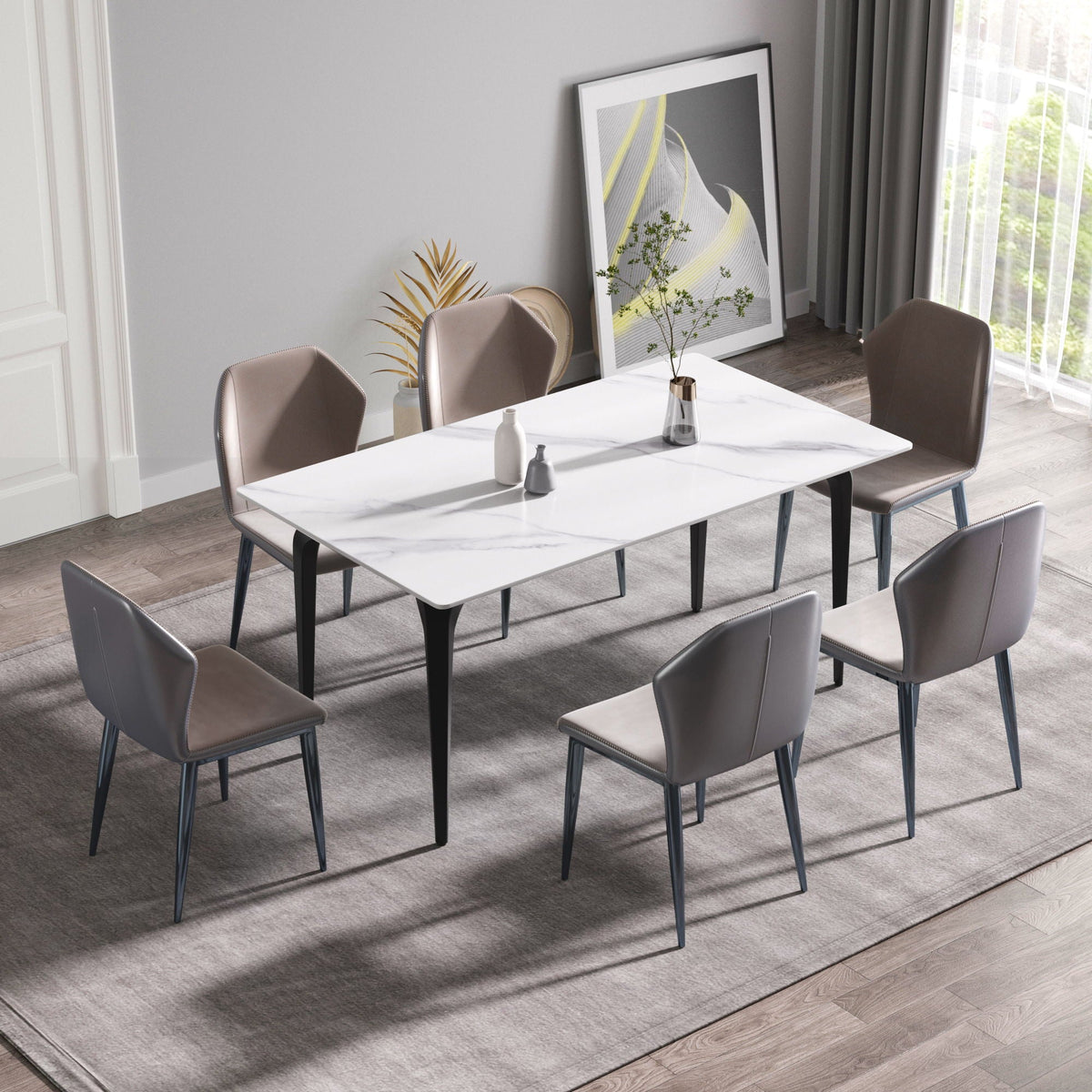 Modern artificial stone dining table with white marble top and black metal legs on Tampa Home & Garden Store