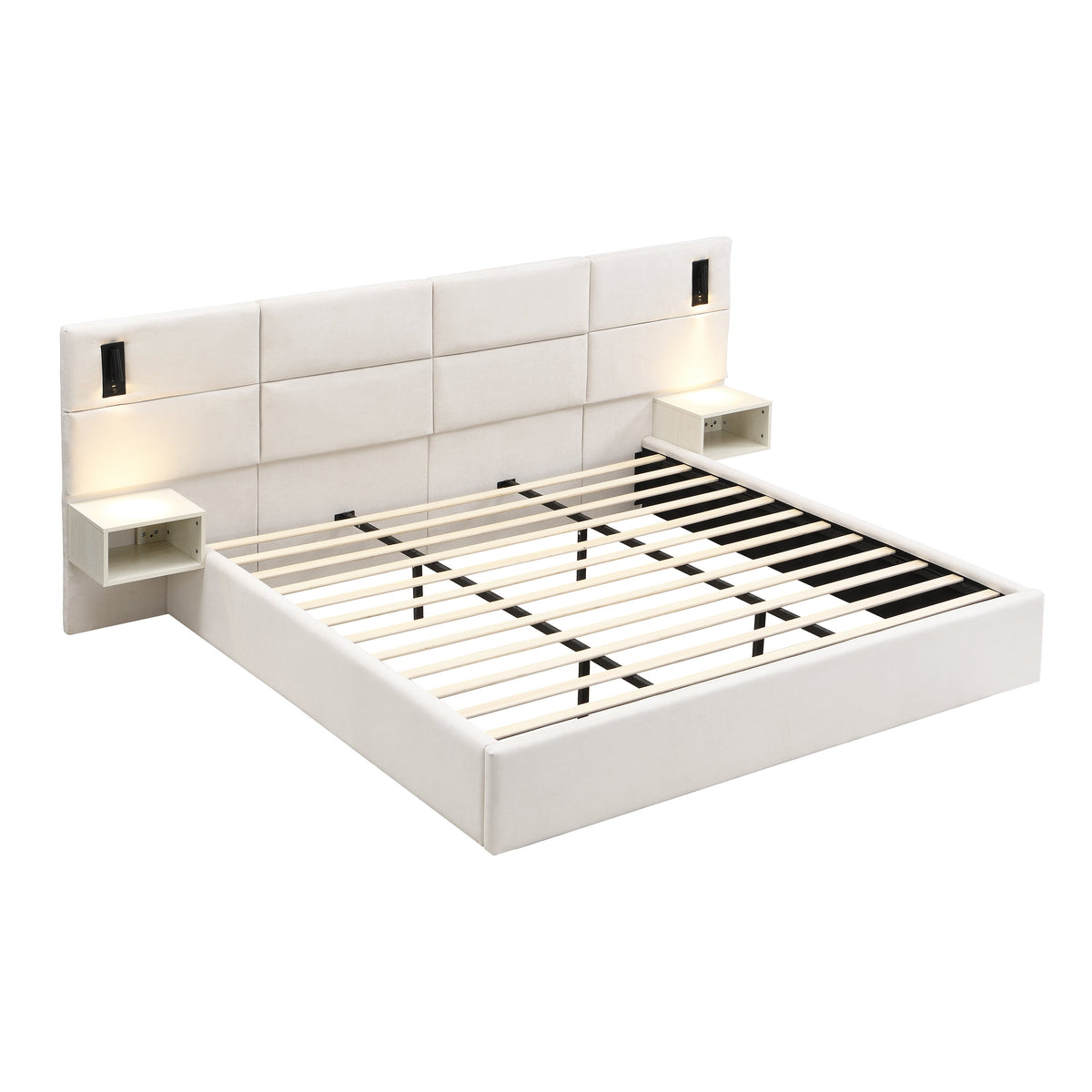 King upholstered bed in cream fabric with built-in reading lights by HouseOfZazla on Tampa Home & Garden Store