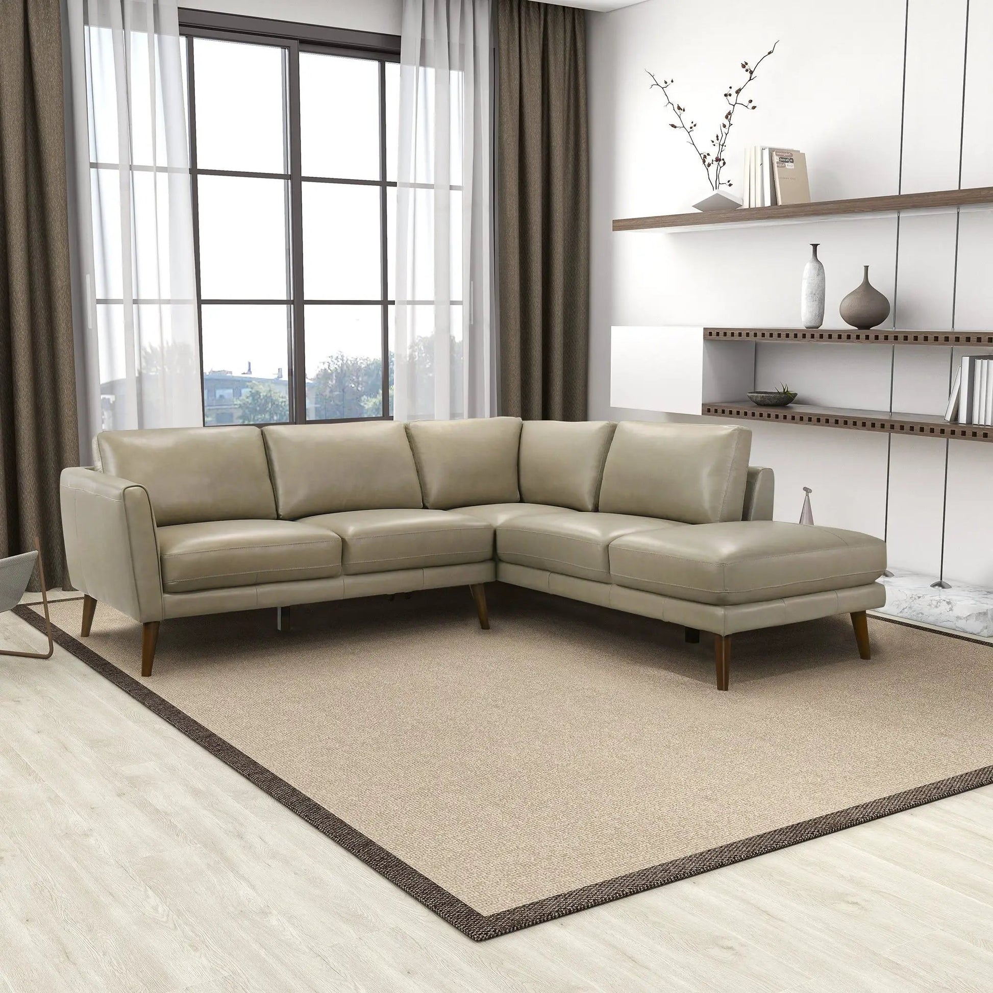 Beige leather Benson sectional sofa with chaise by Unique Piece Furniture in living room on Tampa Home & Garden Store
