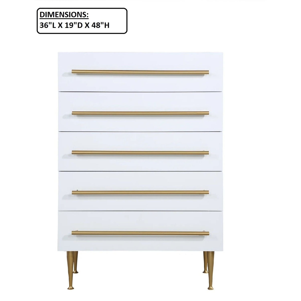 HouseOfZazla contemporary white five-drawer chest with gold brass handles and tapered legs on Tampa Home & Garden Store