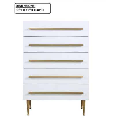 HouseOfZazla contemporary white five-drawer chest with gold brass handles and tapered legs on Tampa Home & Garden Store