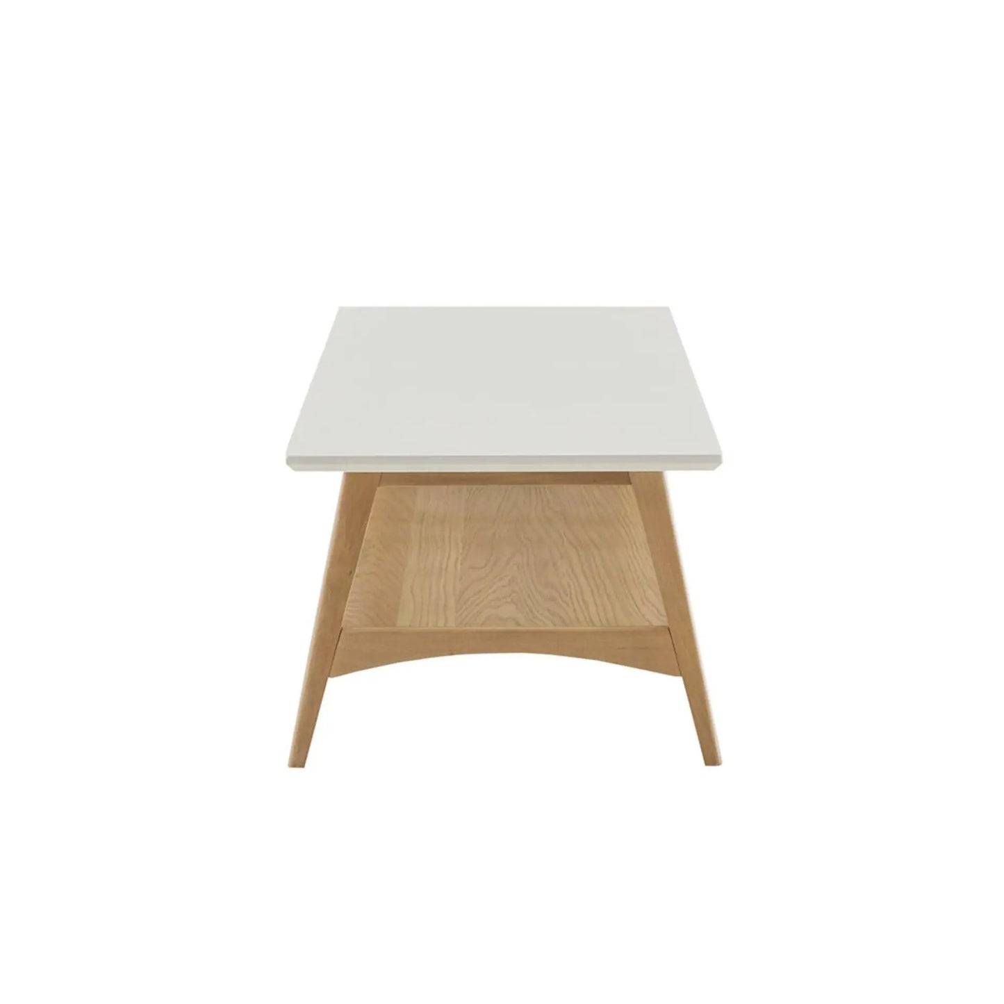 Modern coffee table with white tabletop and natural oak angled legs, open storage shelf on Tampa Home & Garden Store