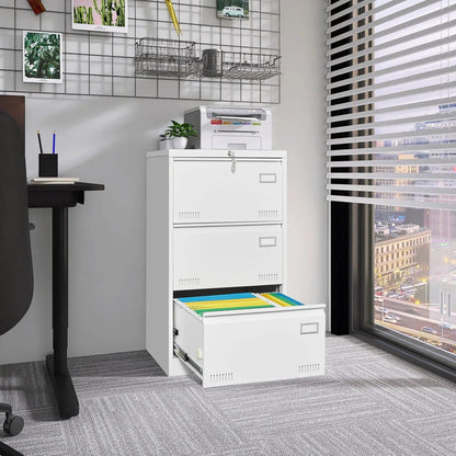 Three-drawer locking metal filing cabinet, white finish with bottom drawer open showing color folders on Tampa Home & Garden Store