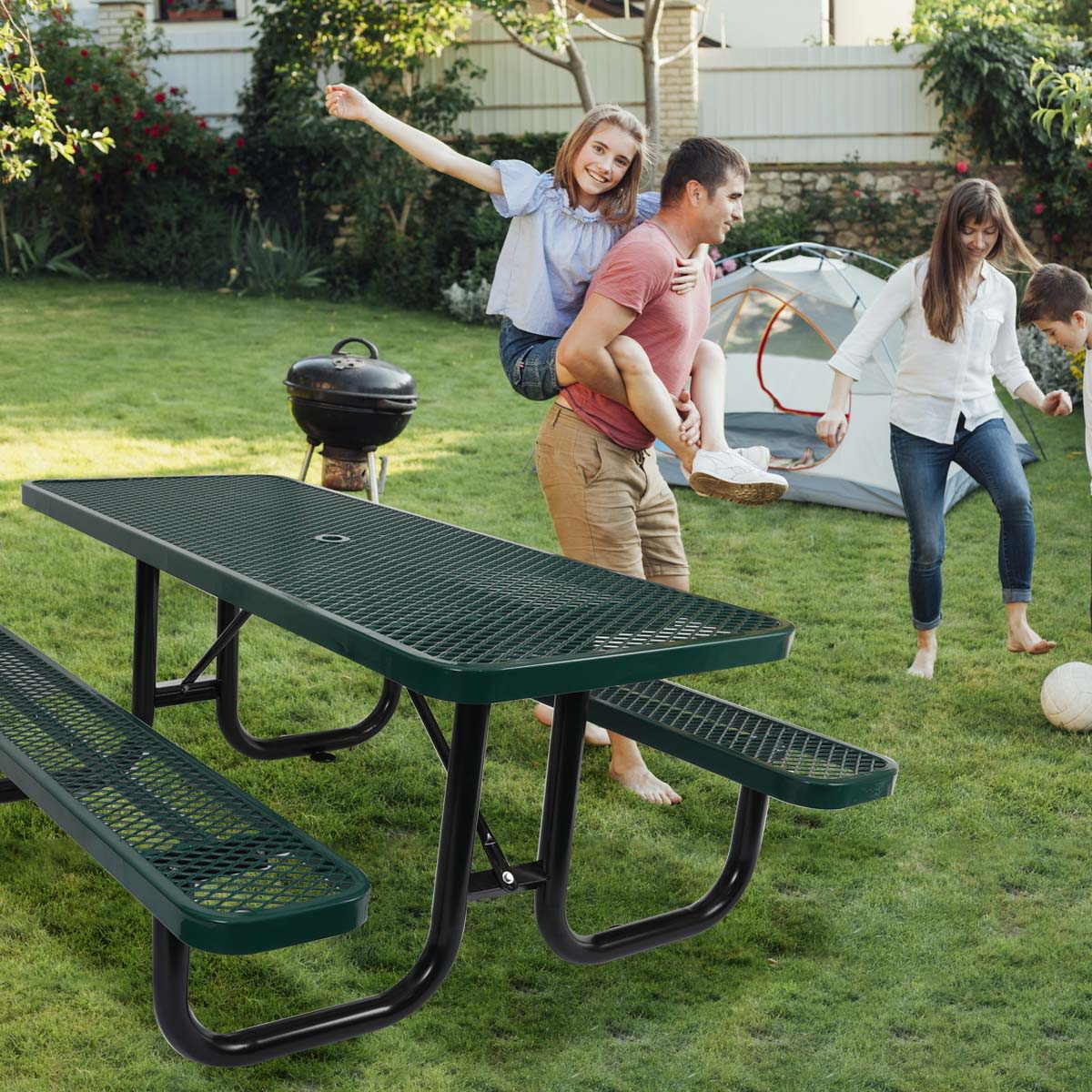 Outdoor Steel Picnic Table and an Umbrella Pole