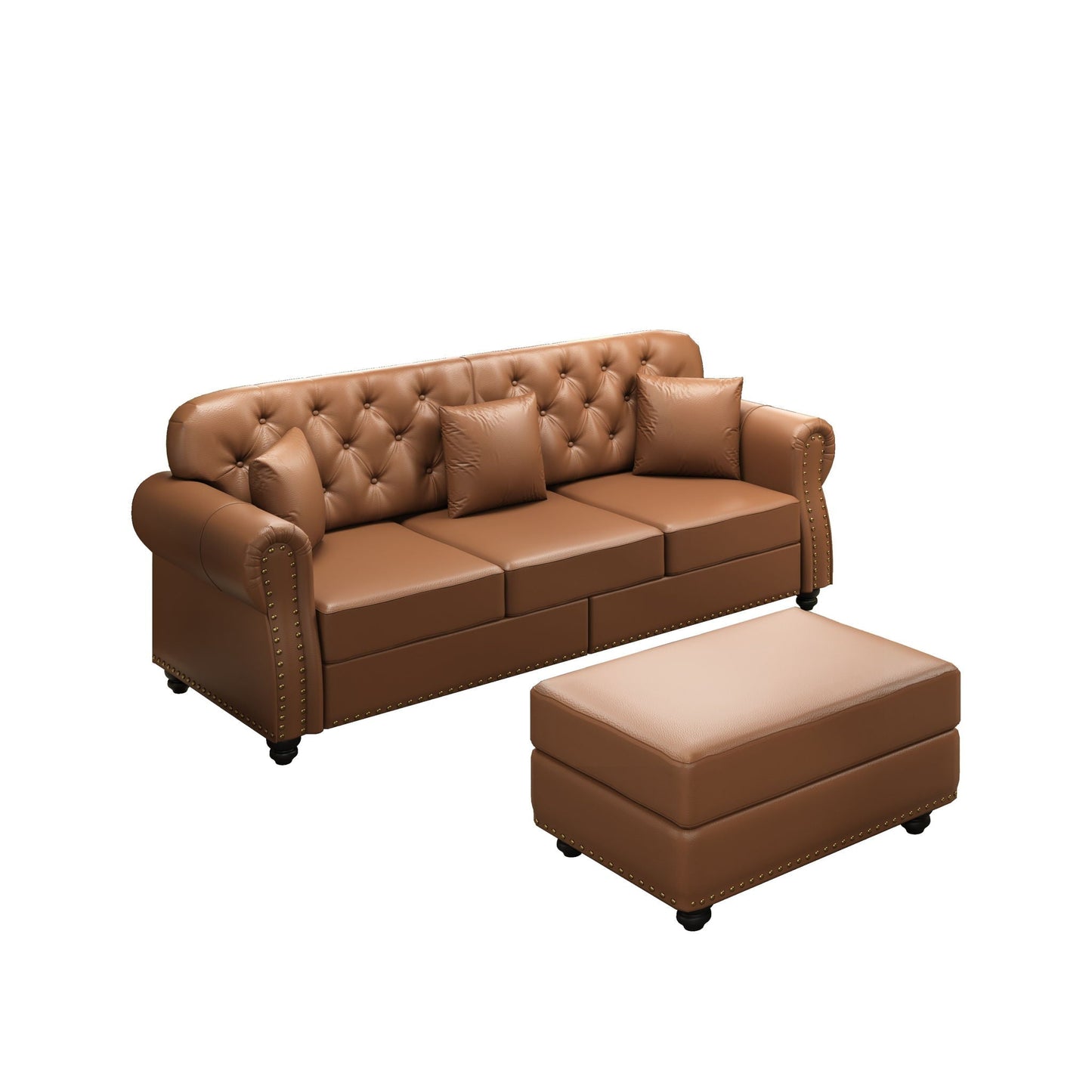 Upholstered Sofa with Nailhead and Ottoman