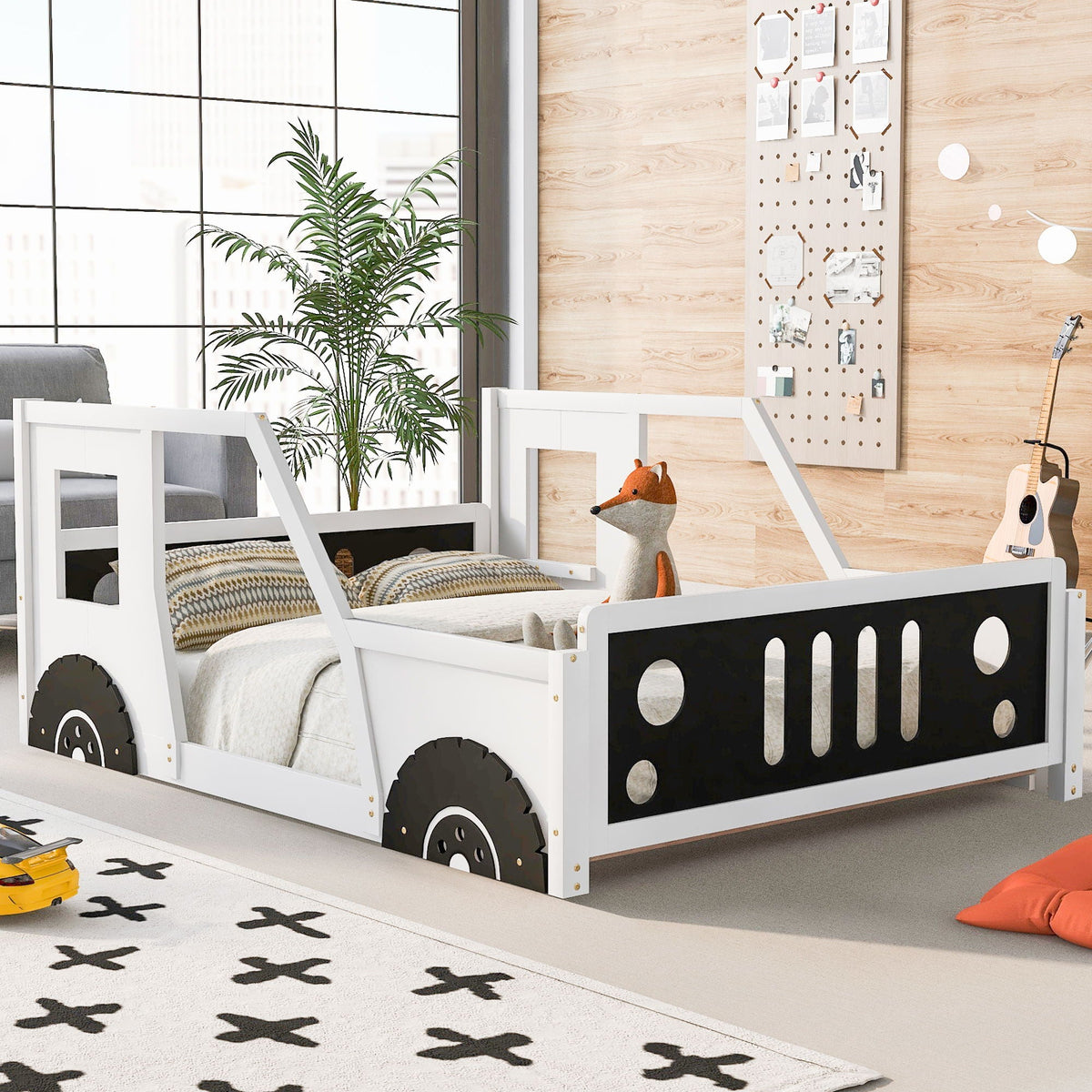 Classic car shaped platform bed with wheels in white frame and black grille panels on Tampa Home & Garden Store