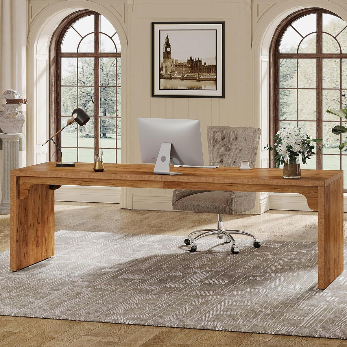 Extra Long 2 Person Computer Desk with Heavy-Duty Frame in light brown wood HouseOfZazla on Tampa Home & Garden Store