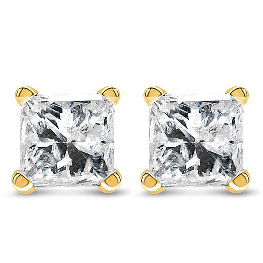Pair of 14K yellow gold princess-cut diamond stud earrings with screw backs 1/2 cttw I-J SI2-I1 on Tampa Home & Garden Store