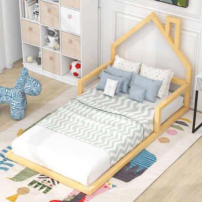 Floor bed with house-shaped headboard, light wood frame, HouseOfZazla platform bed on Tampa Home & Garden Store