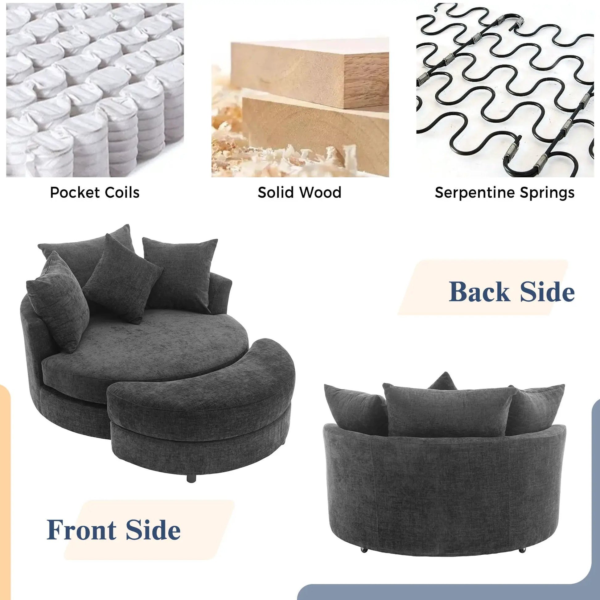 360° Swivel Accent Barrel Chair with Storage Ottoman and 4 pillows in charcoal gray fabric on Tampa Home & Garden Store