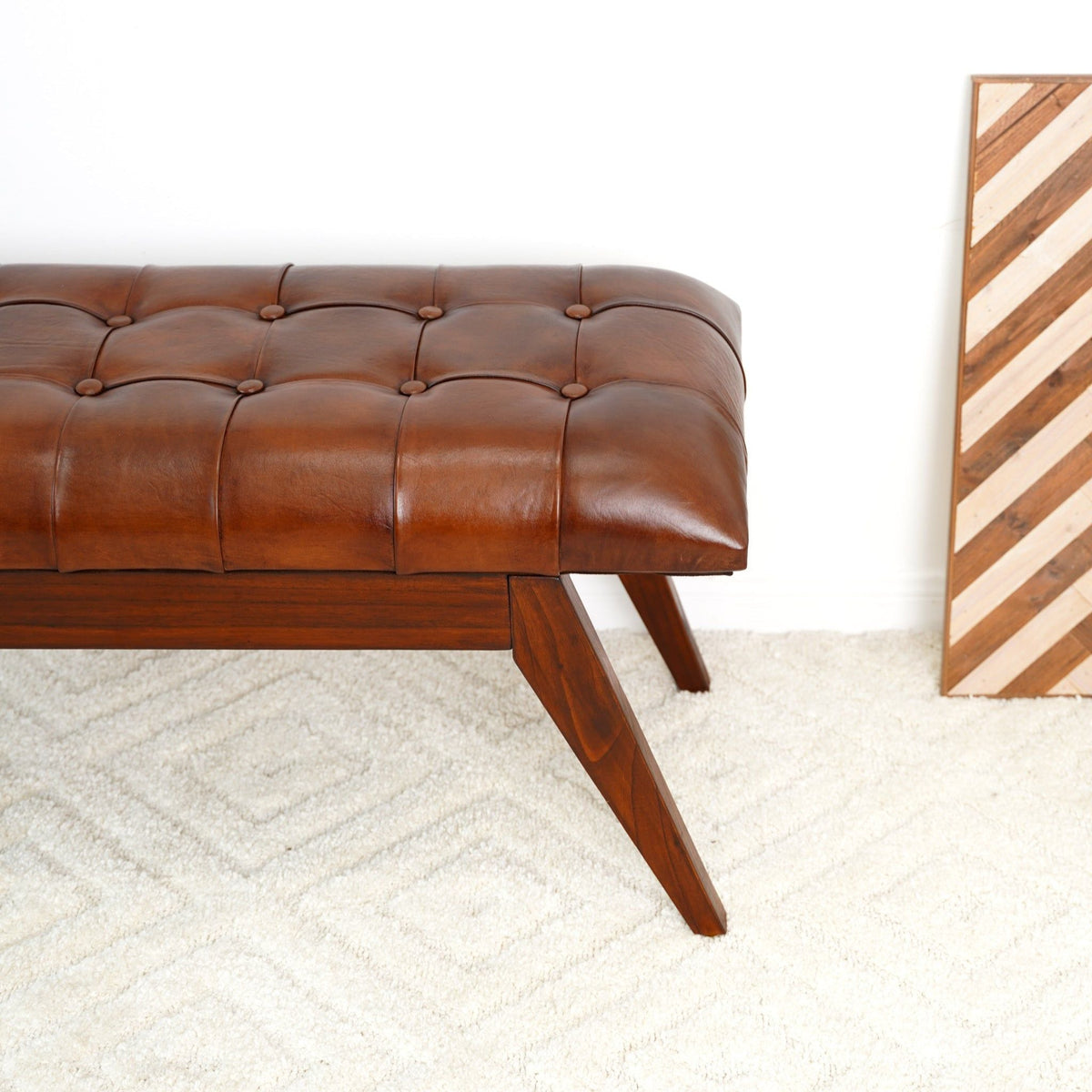 Cognac leather tufted bench with solid wood frame in dark brown on Tampa Home & Garden Store