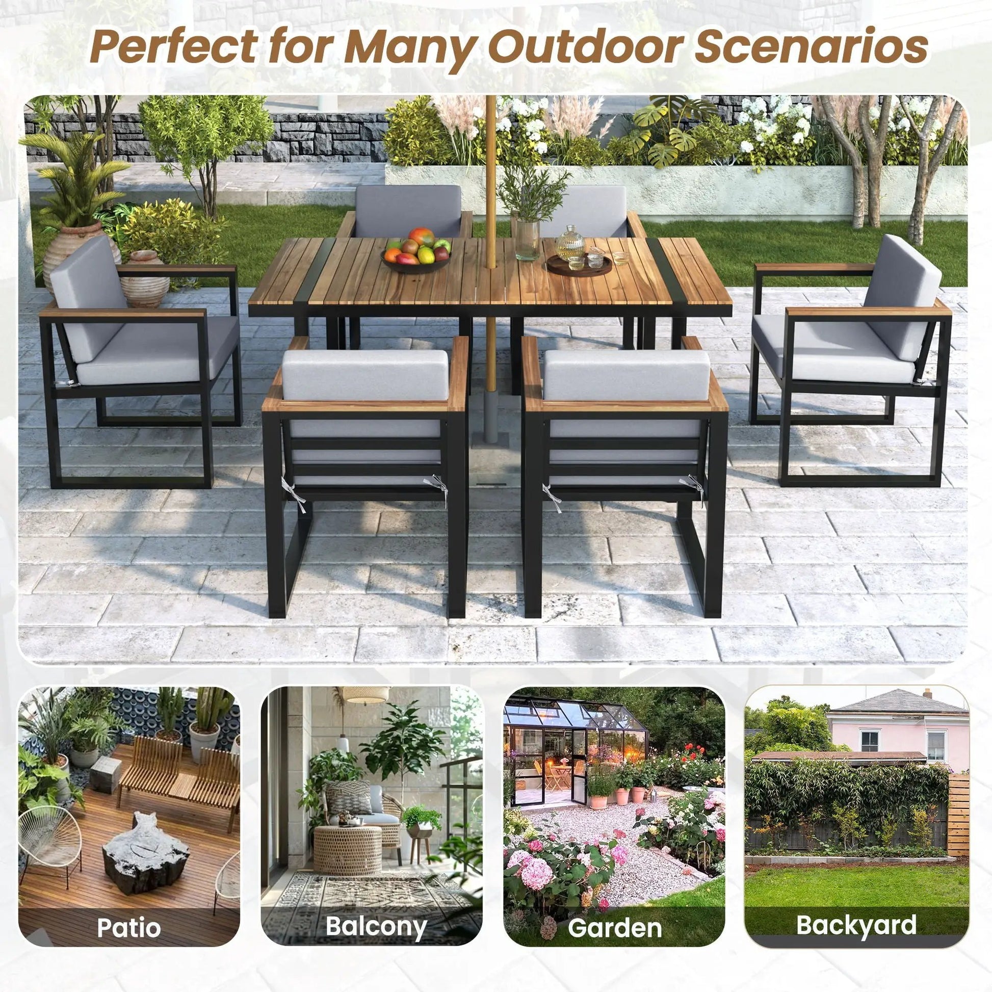 7-piece outdoor dining set with black metal frame, wooden tabletop and gray removable cushions on Tampa Home & Garden Store