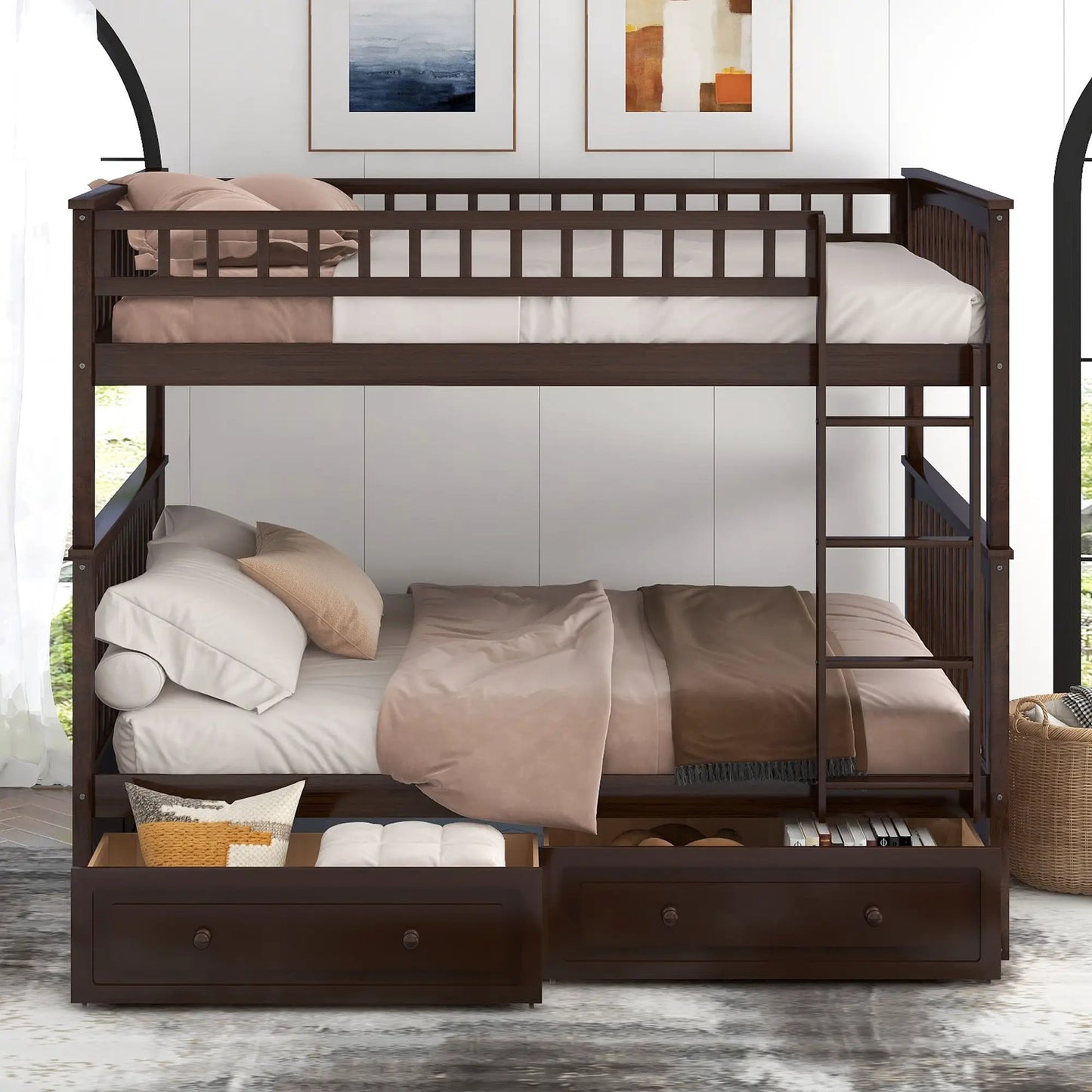 Bunk bed with drawers in dark wood; top bunk with guard rail, bottom drawer storage on Tampa Home & Garden Store