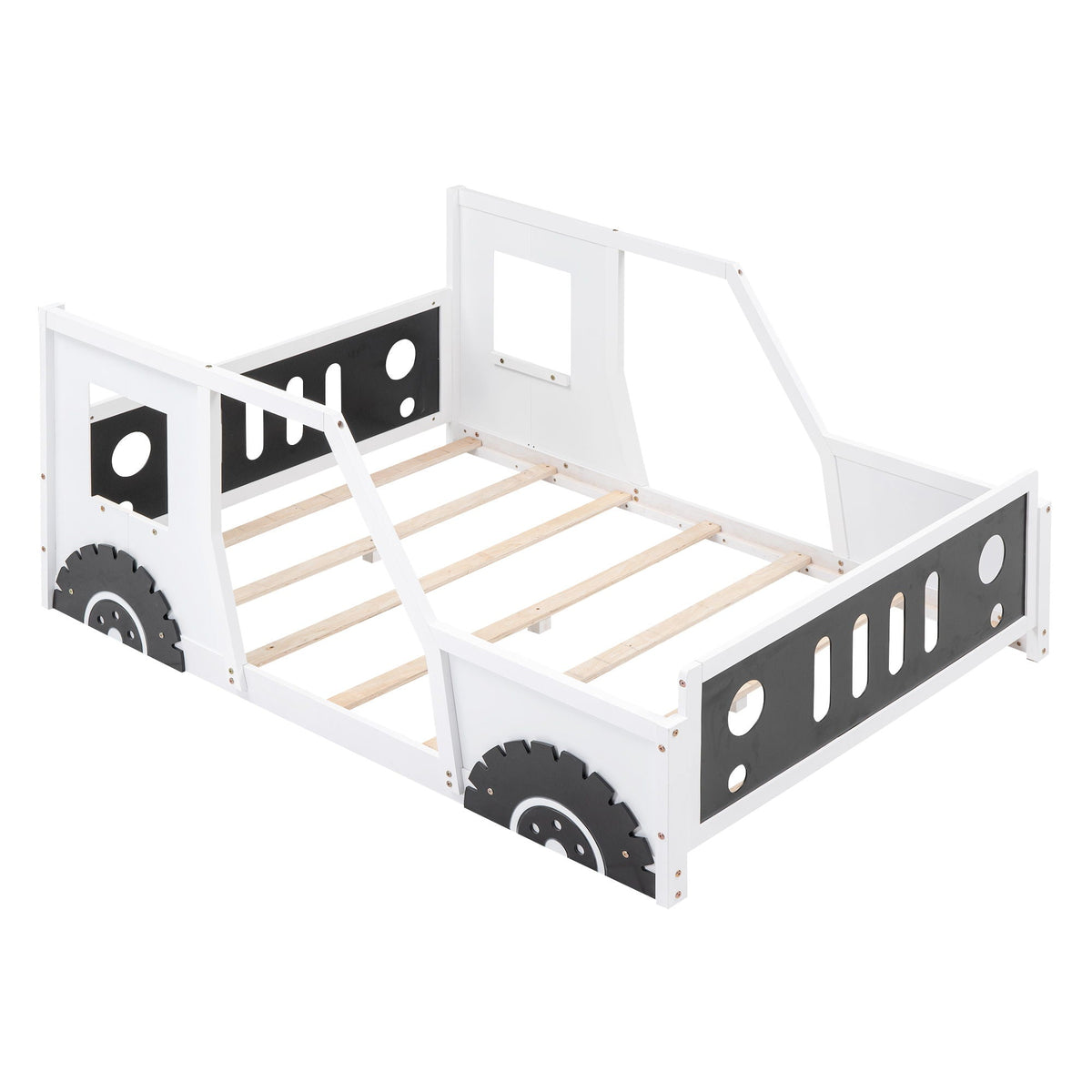 Classic Car Shaped Platform Bed With Wheels white frame, black side panels, wood slats on Tampa Home & Garden Store