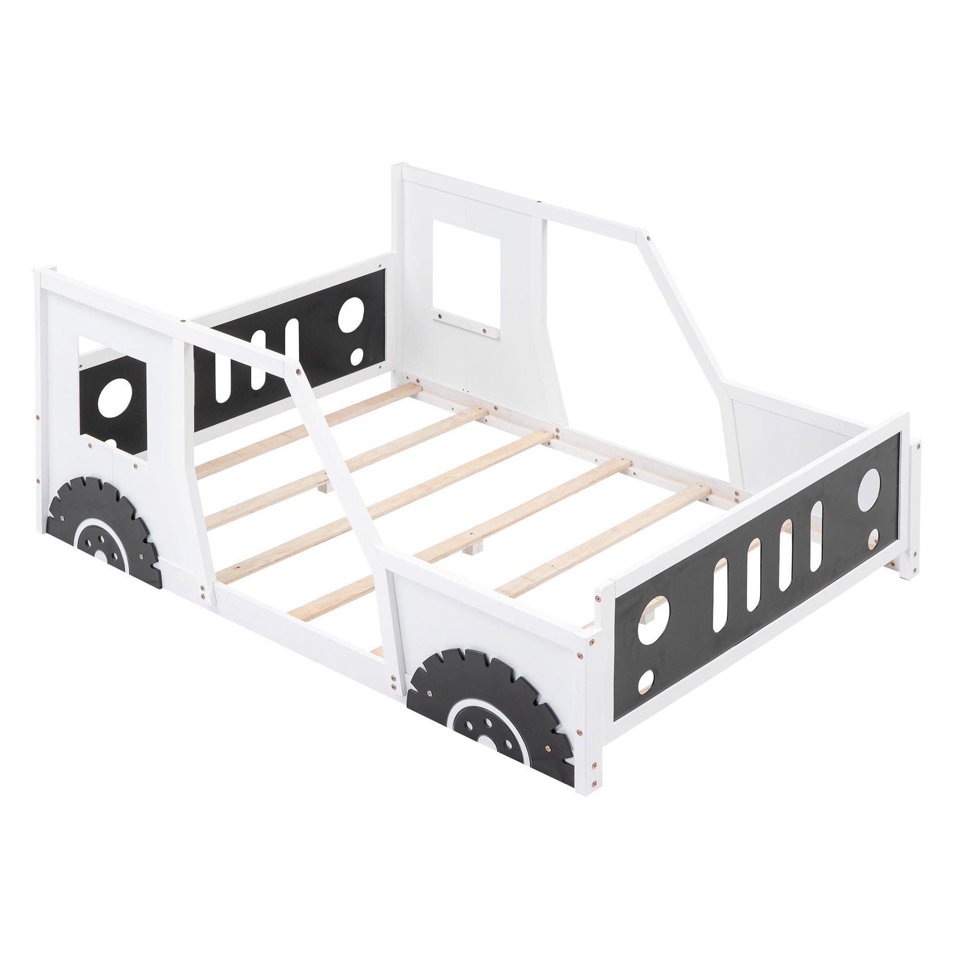 Classic Car Shaped Platform Bed With Wheels white frame, black side panels, wood slats on Tampa Home & Garden Store