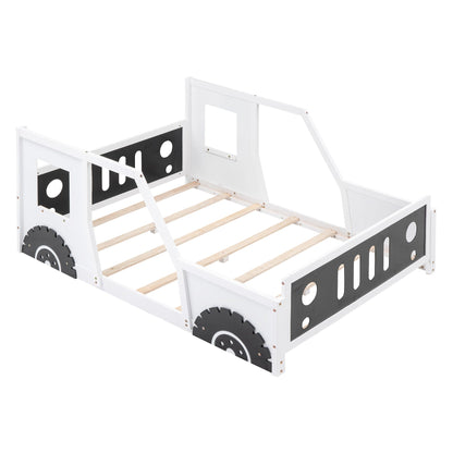 Classic Car Shaped Platform Bed With Wheels white frame, black side panels, wood slats on Tampa Home & Garden Store