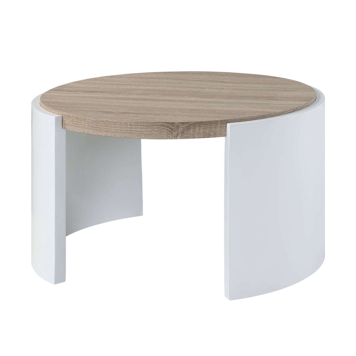 Zoma High Gloss Round End Table with light wood top and white base legs on Tampa Home & Garden Store