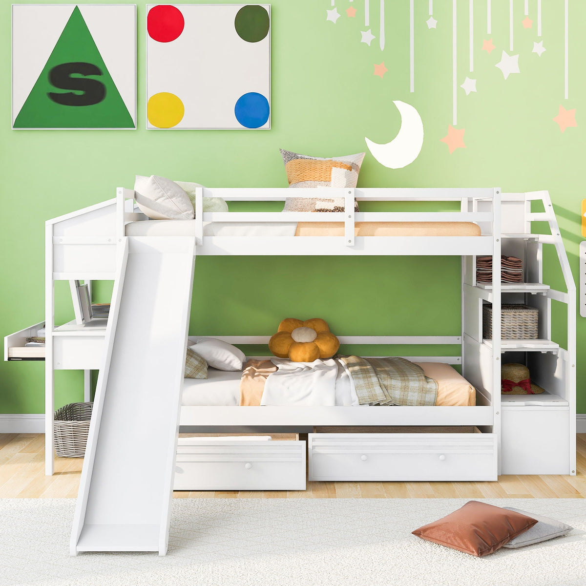 White bunk bed with storage staircase, slide, desk, drawers and shelves on Tampa Home & Garden Store