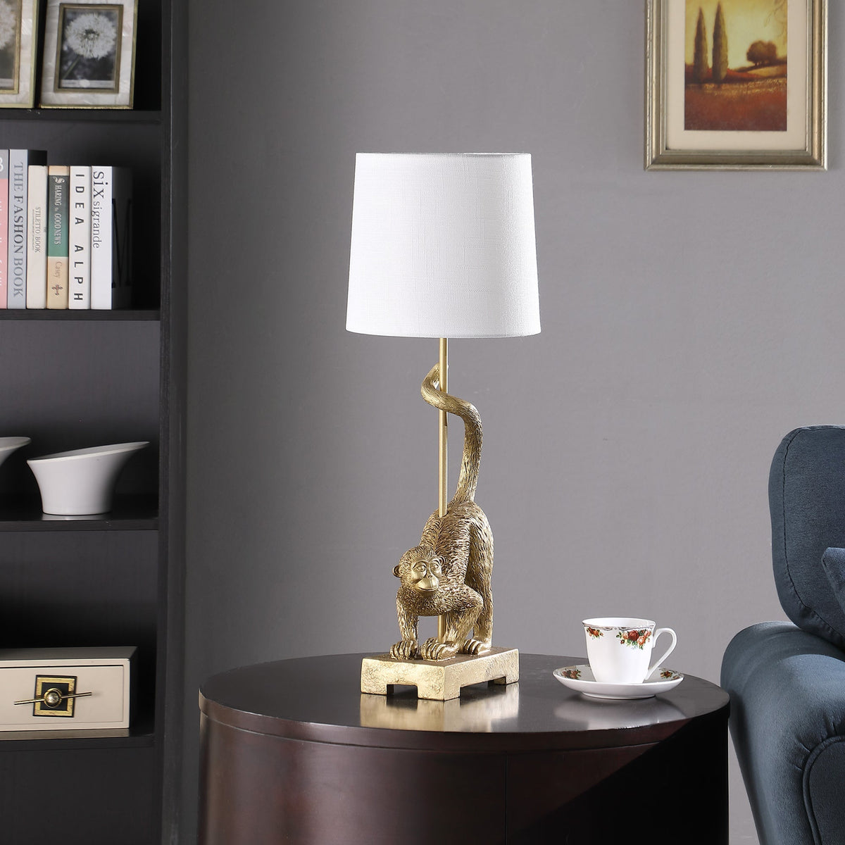 Capuchin Monkey table lamp, 24in, gold polyresin base by HouseOfZazla with white shade on Tampa Home & Garden Store