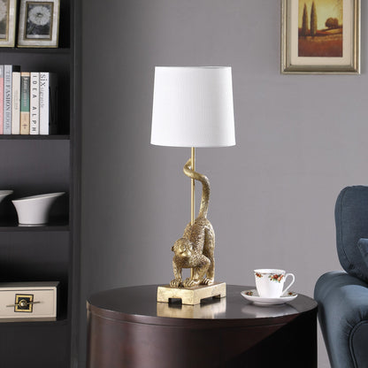 Capuchin Monkey table lamp, 24in, gold polyresin base by HouseOfZazla with white shade on Tampa Home & Garden Store