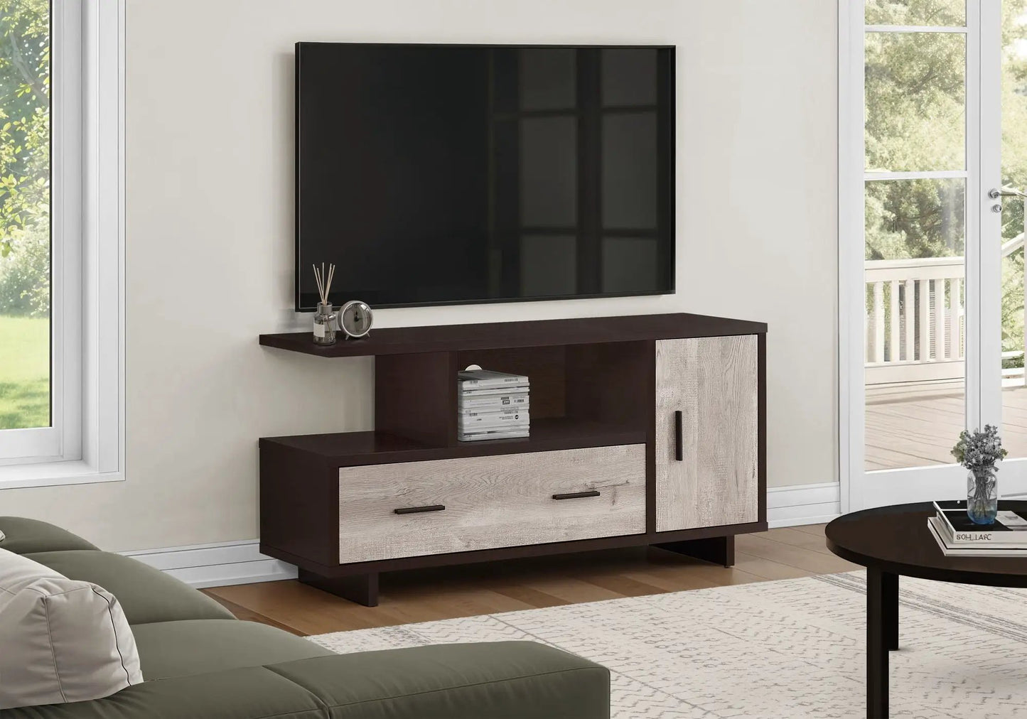 TV stand with dark espresso finish, light wood drawers, open shelf, mounted TV on Tampa Home & Garden Store