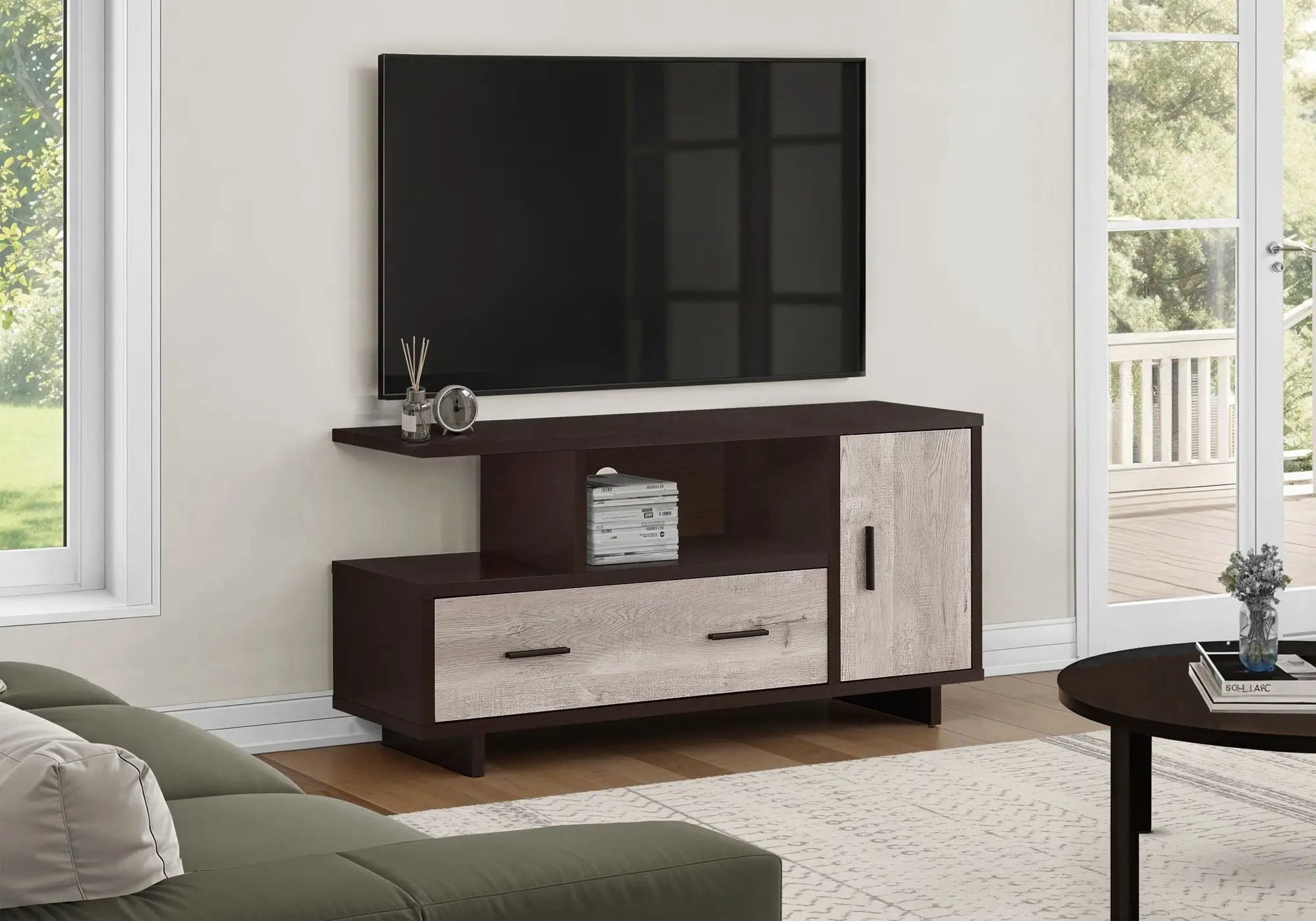 TV stand with dark espresso finish, light wood drawers, open shelf, mounted TV on Tampa Home & Garden Store