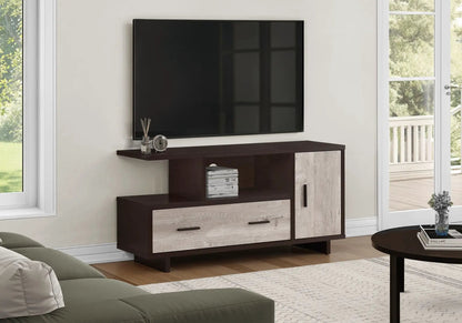 TV stand with dark espresso finish, light wood drawers, open shelf, mounted TV on Tampa Home & Garden Store