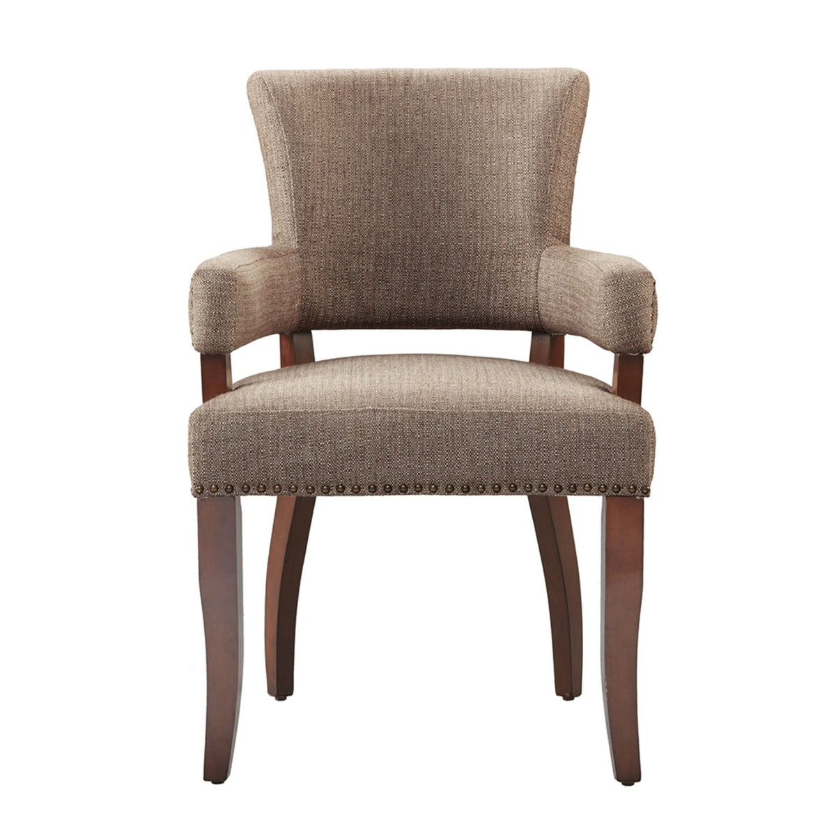 Elegant arm dining chair in brown tweed with brass nail heads and dark wood legs HouseOfZazla on Tampa Home & Garden Store