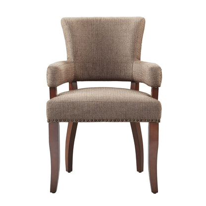 Elegant arm dining chair in brown tweed with brass nail heads and dark wood legs HouseOfZazla on Tampa Home & Garden Store