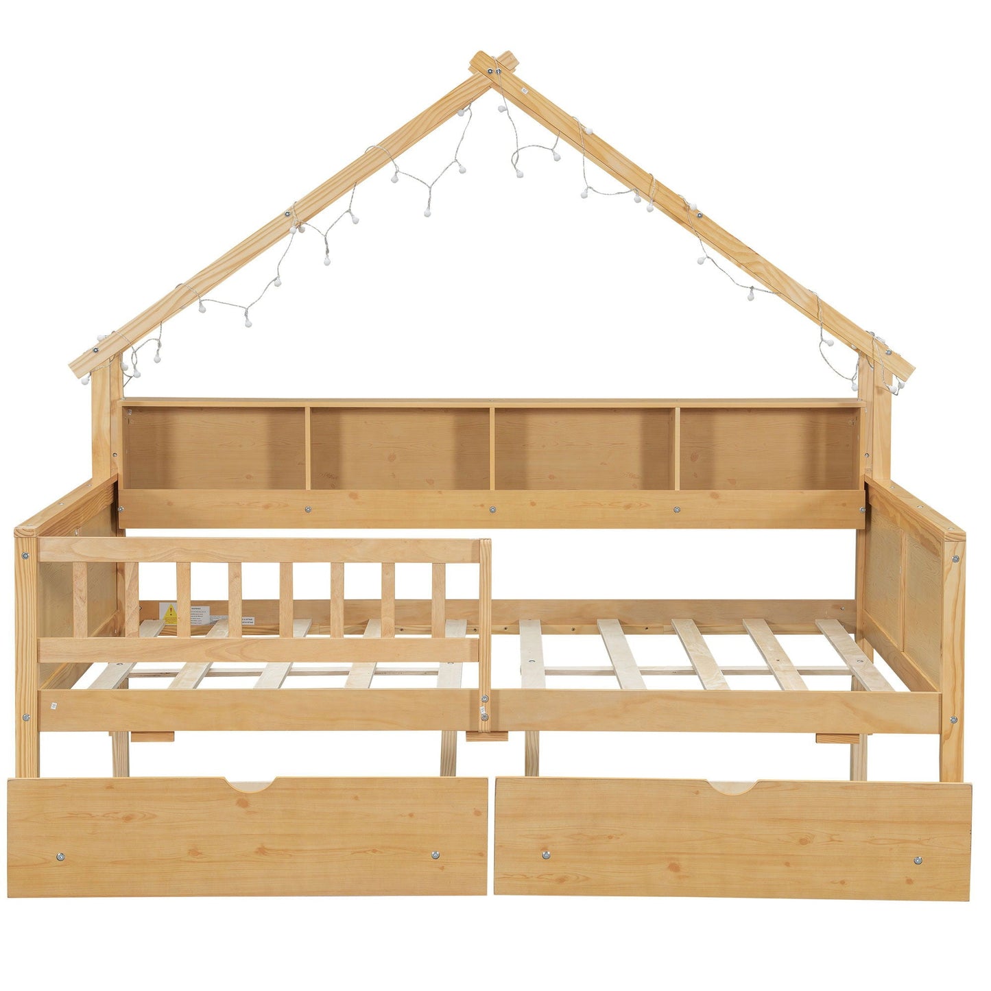 HouseOfZazla storage bed with LED lights, guardrails, shelves and drawers in natural wood on Tampa Home & Garden Store