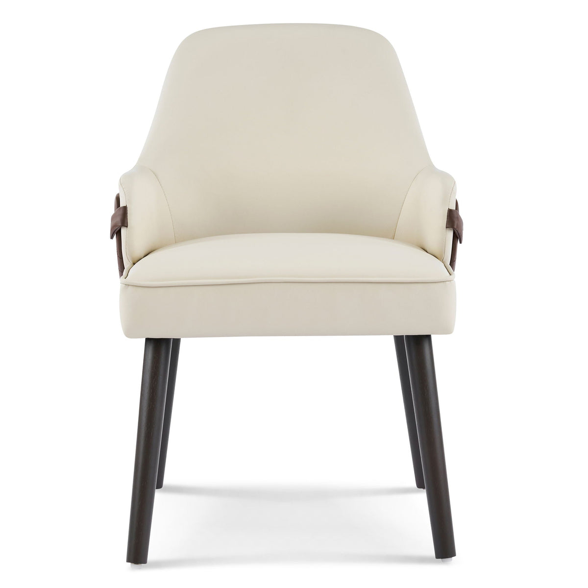 Indoor dining chair set of 2 with beige upholstery and armrests on dark brown legs on Tampa Home & Garden Store