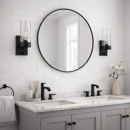 Zephyr single light sconce, black metal with clear glass, pair beside mirror over vanity on Tampa Home & Garden Store