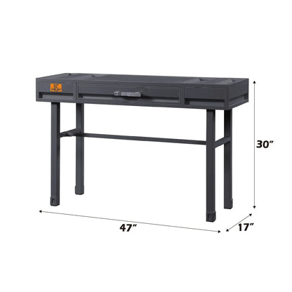 Cargo Vanity Desk with Storage in dark gray metal frame, central drawer and cubbies on Tampa Home & Garden Store