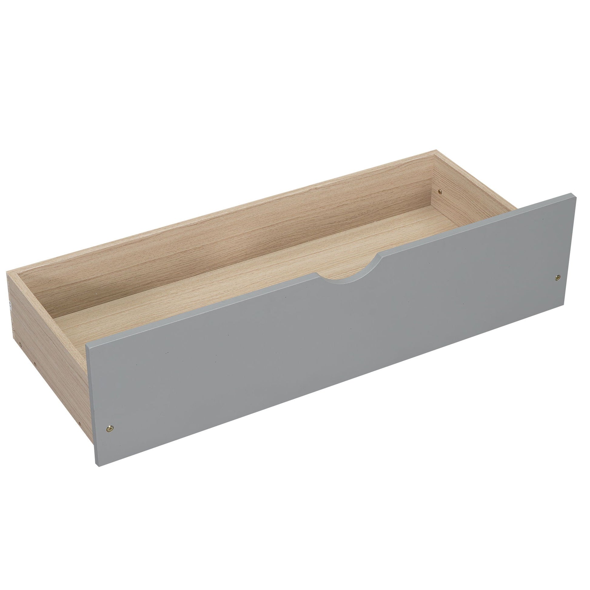 Bunk bed storage drawer in natural wood with gray front panel and decorative cutout on Tampa Home & Garden Store