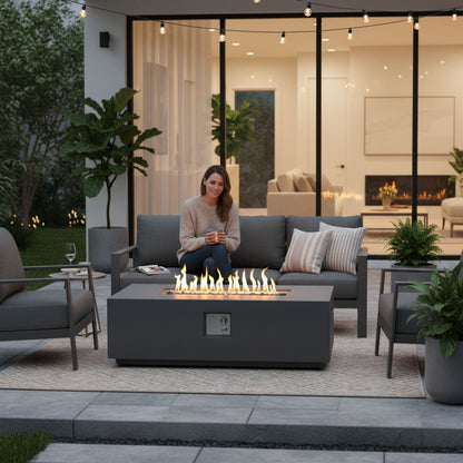Rectangular fire pit table light gray with 50,000 BTU flames, HouseOfZazla outdoor setup on Tampa Home & Garden Store