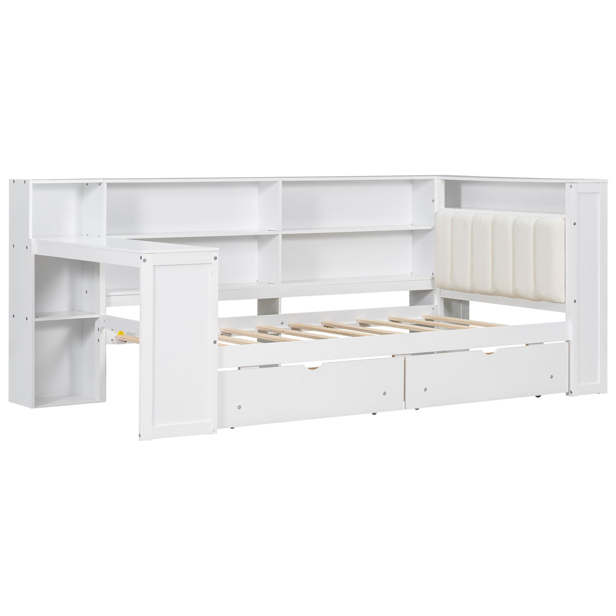 White platform bed with built-in storage shelves, drawers and padded headboard panel on Tampa Home & Garden Store