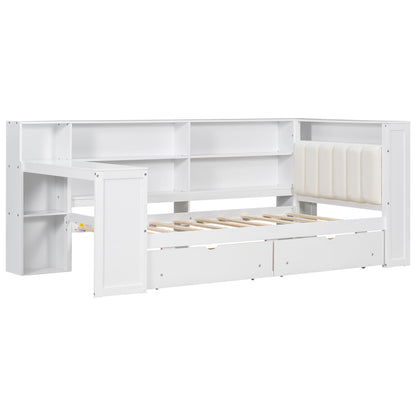 White platform bed with built-in storage shelves, drawers and padded headboard panel on Tampa Home & Garden Store