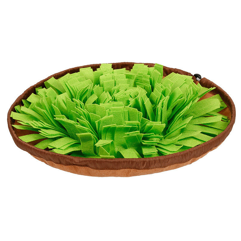 Dog Sniffing Mat round brown-edged feeding puzzle toy with lime green fabric strips on Tampa Home & Garden Store