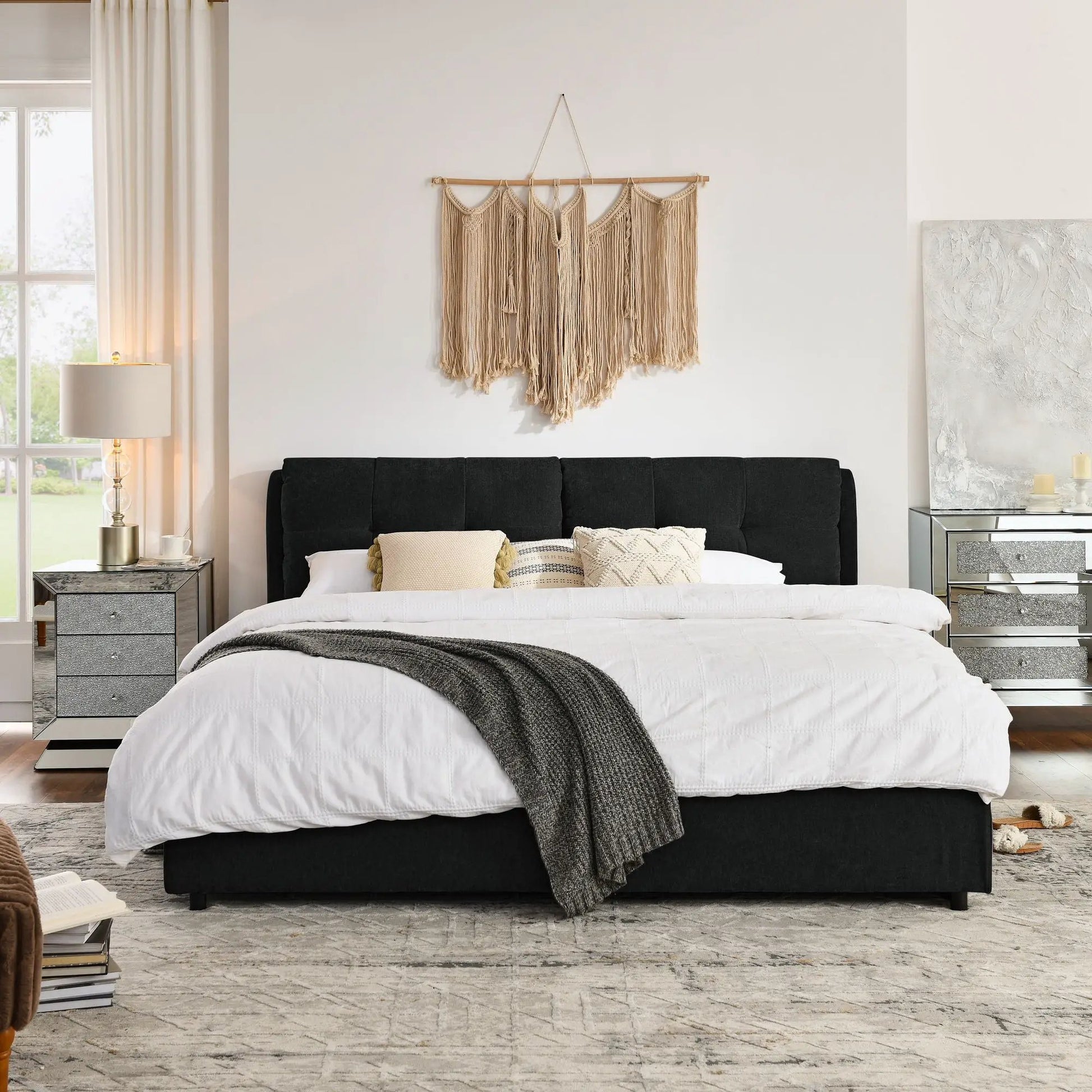 Storage upholstered hydraulic platform bed with integrated headboard in black in a chic bedroom on Tampa Home & Garden Store