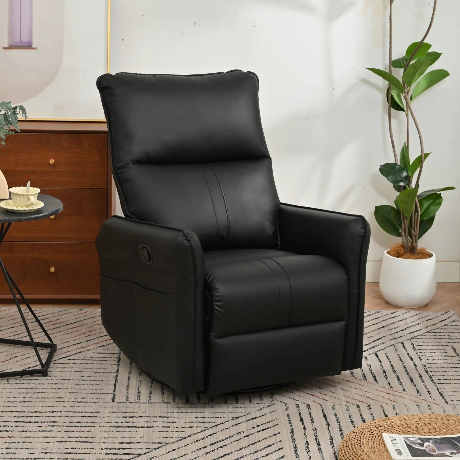 360° Modern small rocking swivel recliner chair with side pocket in black leather on Tampa Home & Garden Store