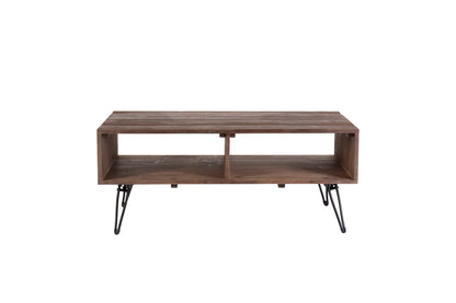 Reclaimed wood cocktail table with open storage, natural top and black metal legs on Tampa Home & Garden Store