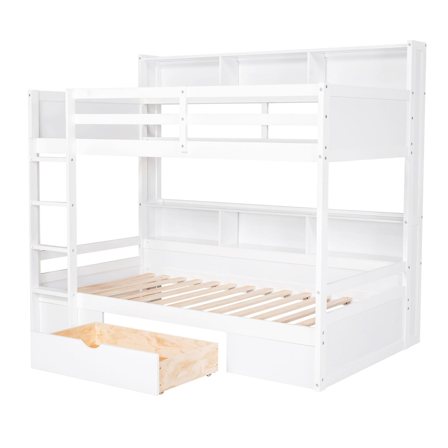 Twin Size Bunk Bed HouseOfZazla white wood with built-in shelves beside beds and a storage drawer on Tampa Home & Garden Store