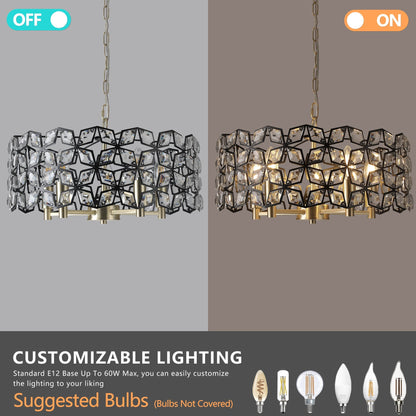 19in geometric crystal chandelier in black and gold with clear prisms and metal frame on Tampa Home & Garden Store